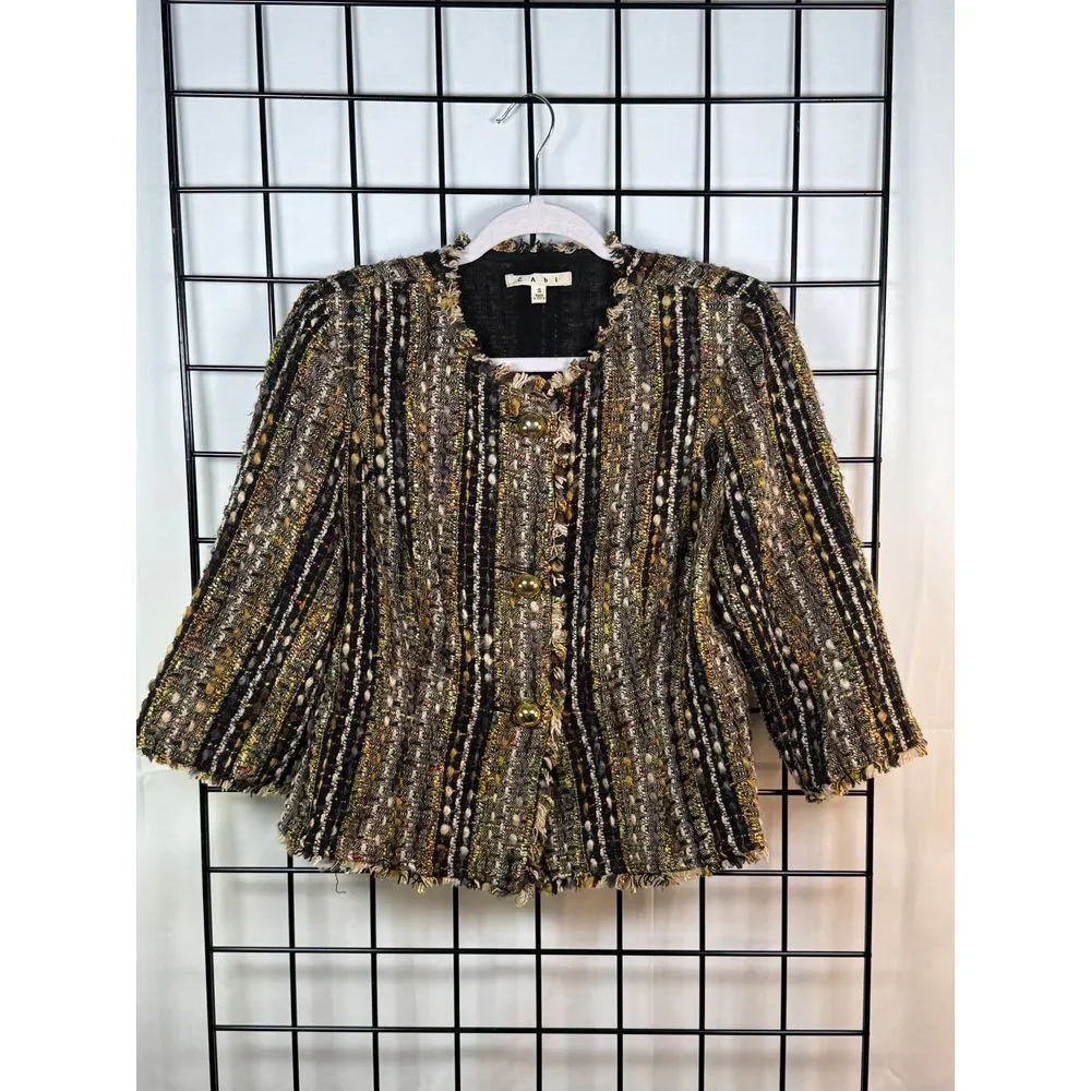 Cabi Paris Wool Blend Boucle Tweed Fringe Blazer Jacket Womens Brown S Boho‎